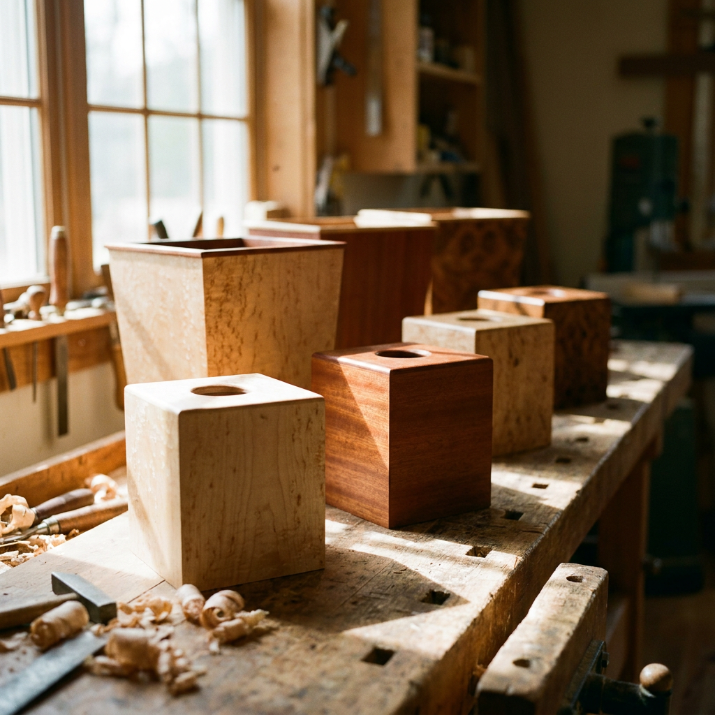 Exotic wood tissue box covers and wastebaskets on a workshop bench